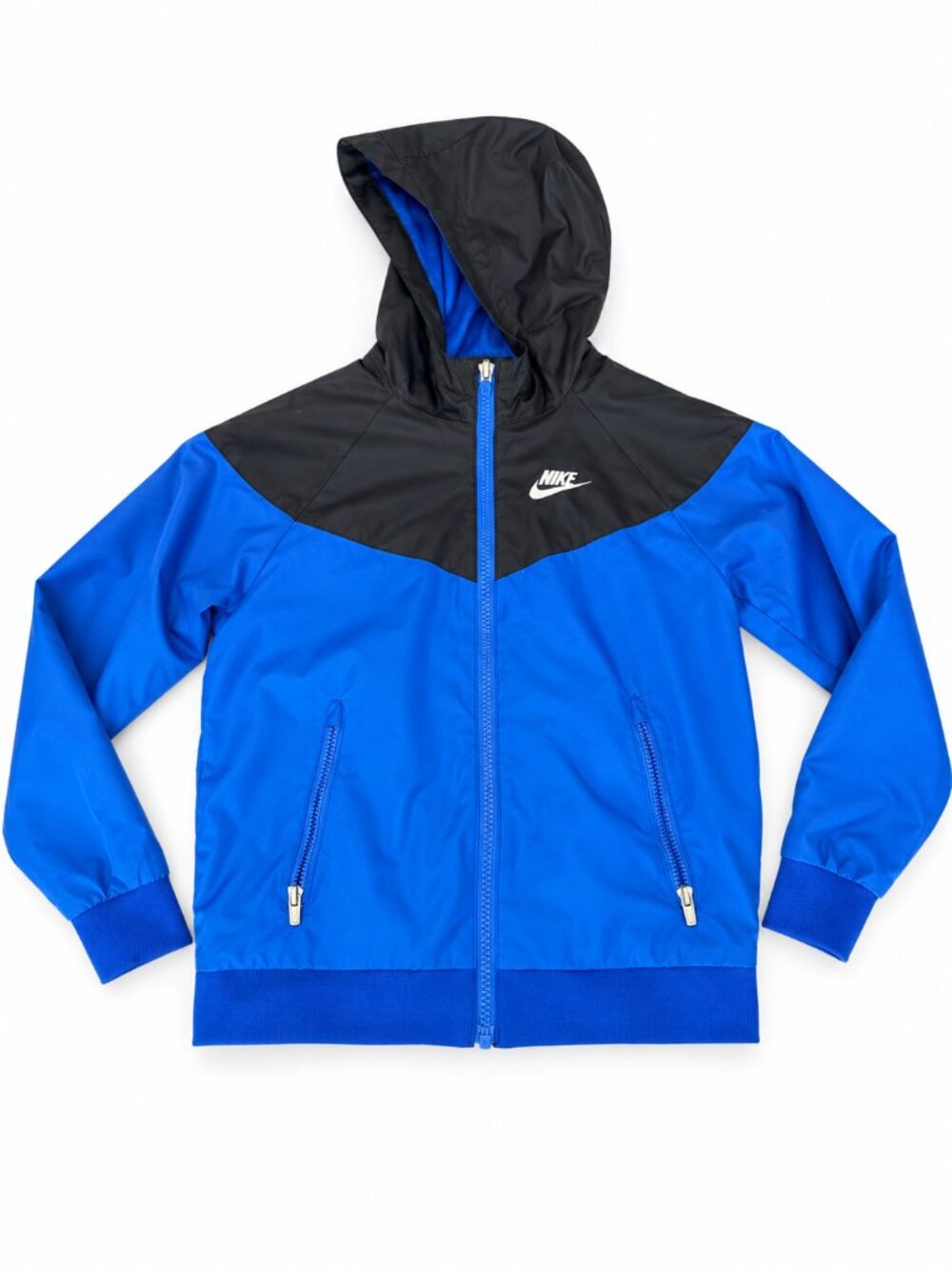 Nike Boys Windbreaker Jacket Size 7 | Blue Black Hooded Zip Up Athletic Coat